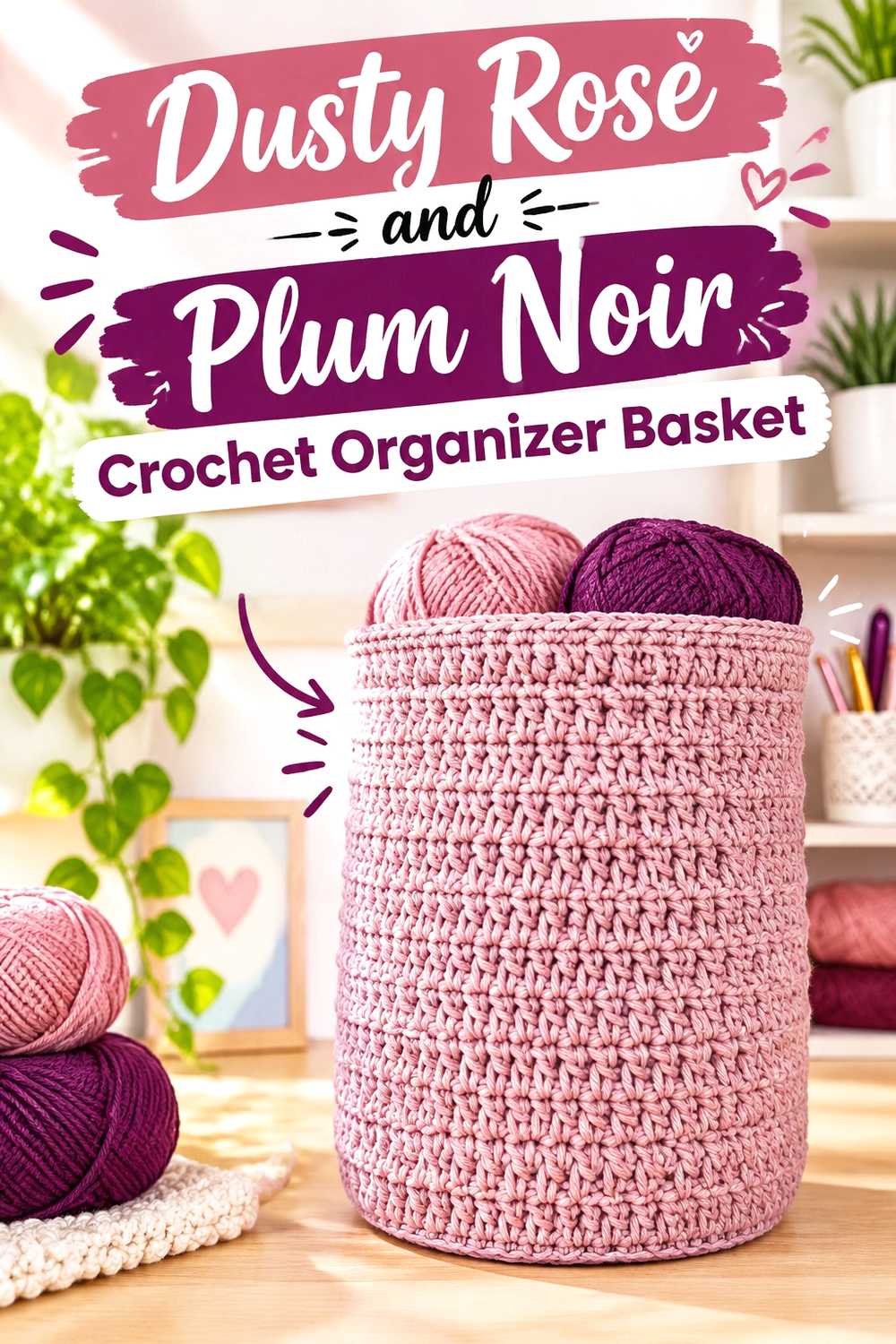 20. Dusty Rose And Plum Noir Crochet Organizer Basket