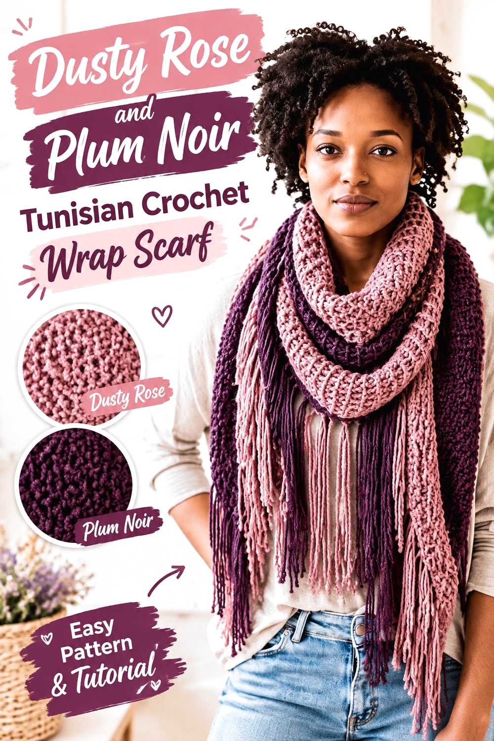 4. Dusty Rose And Plum Noir Tunisian Crochet Wrap Scarf