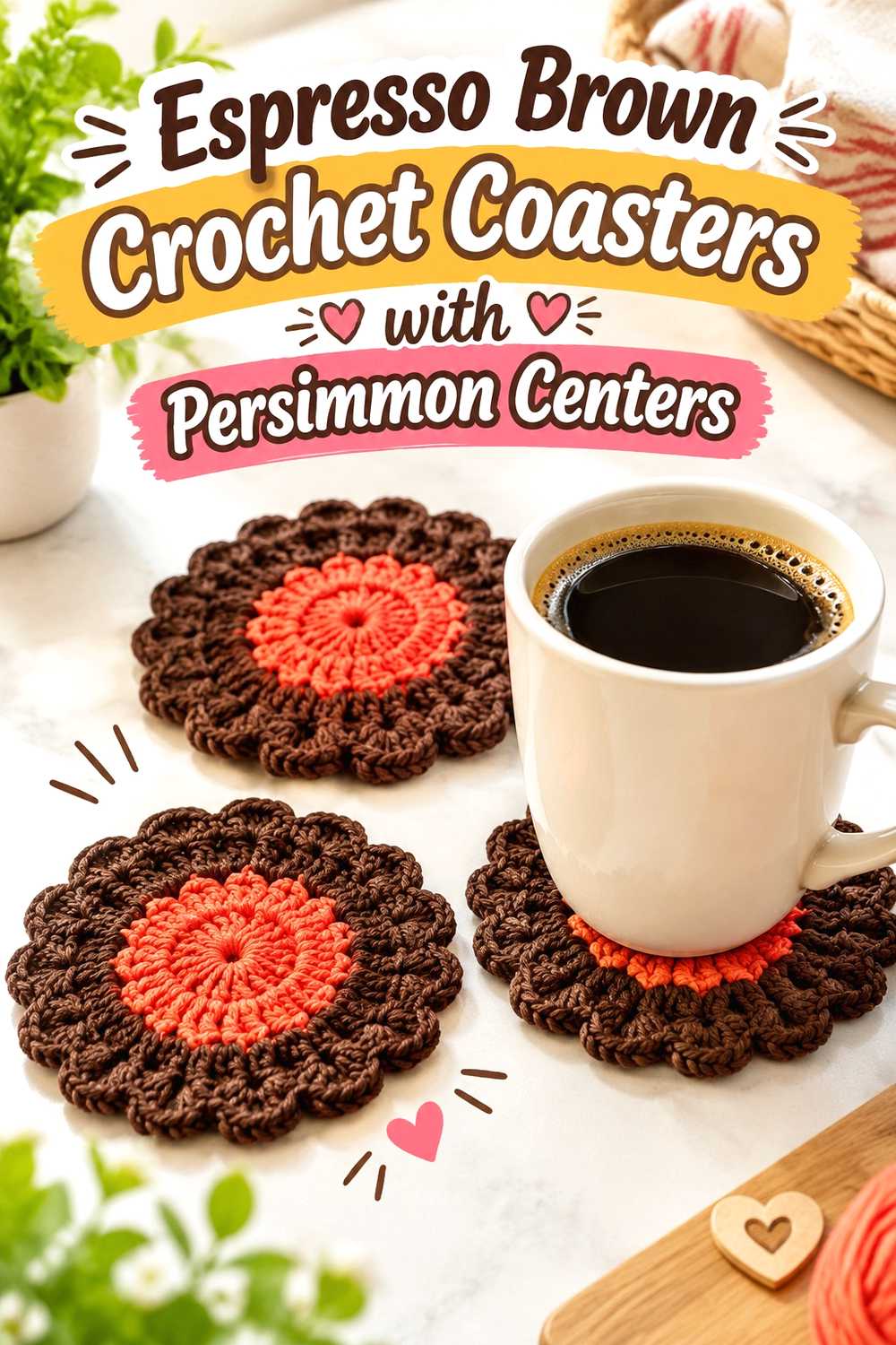 7. Espresso Brown Crochet Coasters With Persimmon Centers