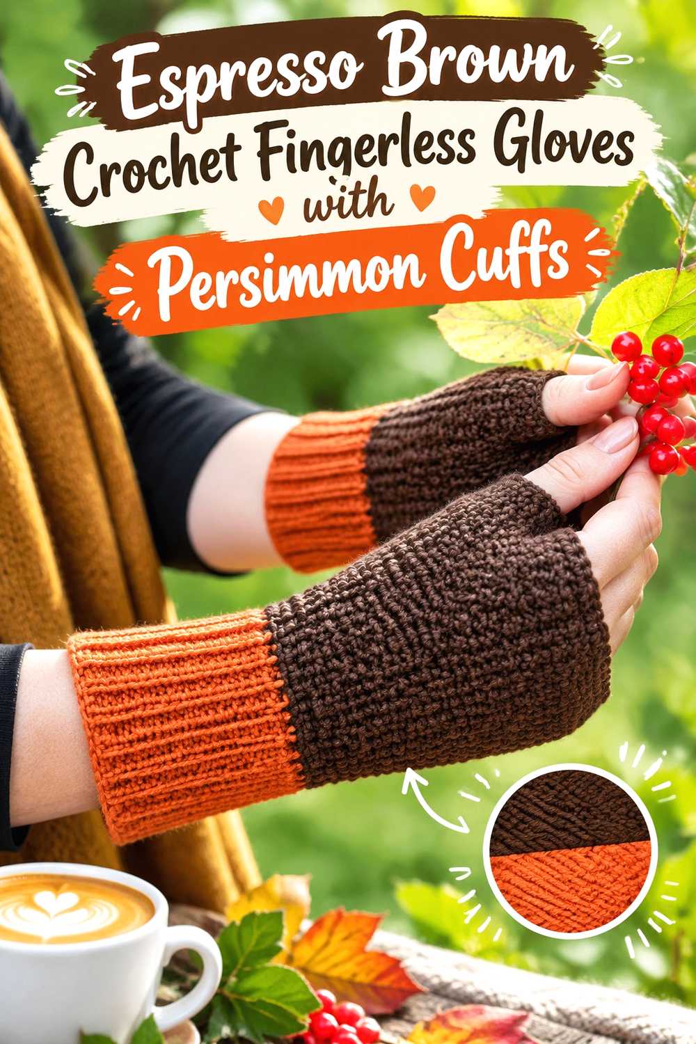 17. Espresso Brown Crochet Fingerless Gloves With Persimmon Cuffs