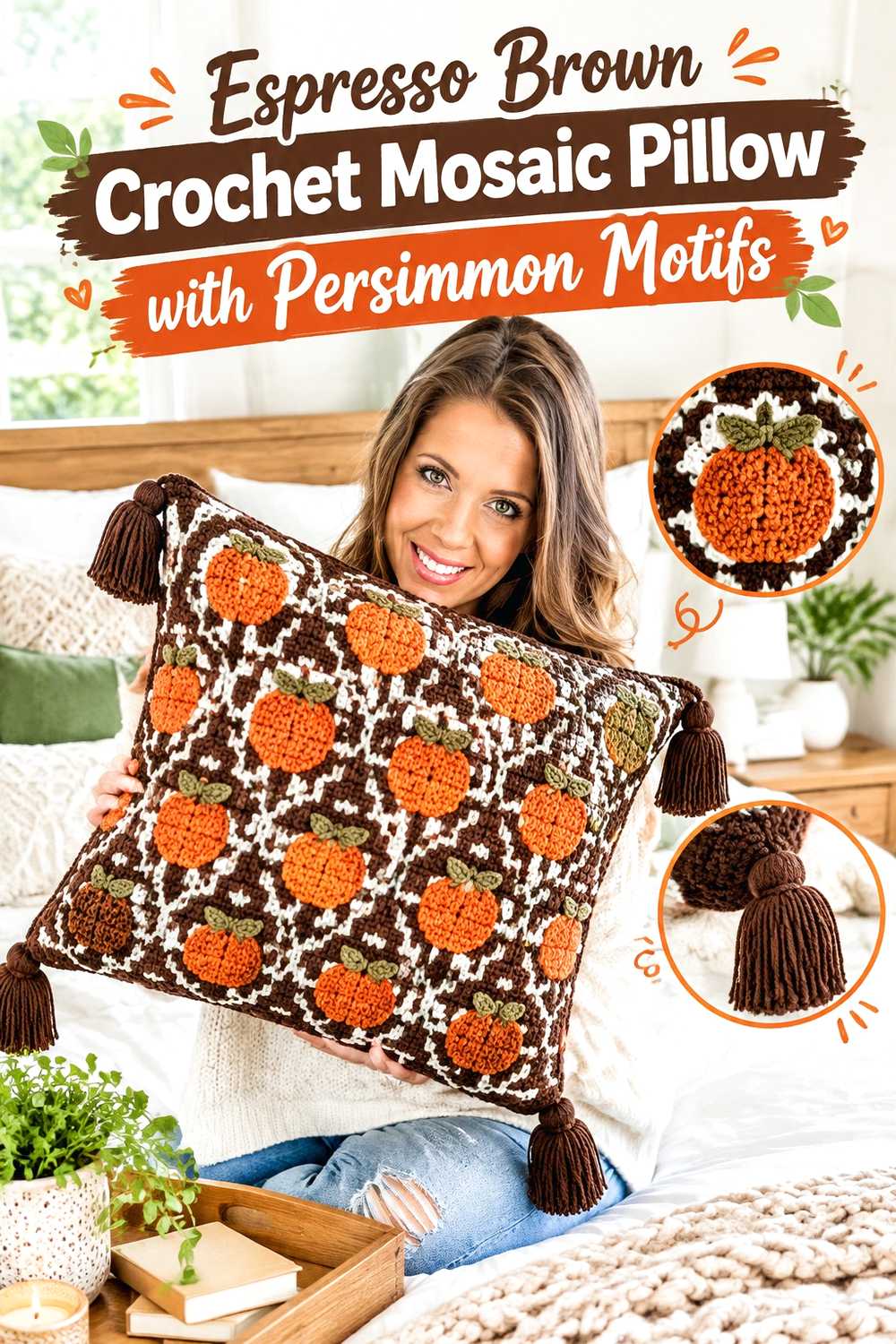 11. Espresso Brown Crochet Mosaic Pillow With Persimmon Motifs