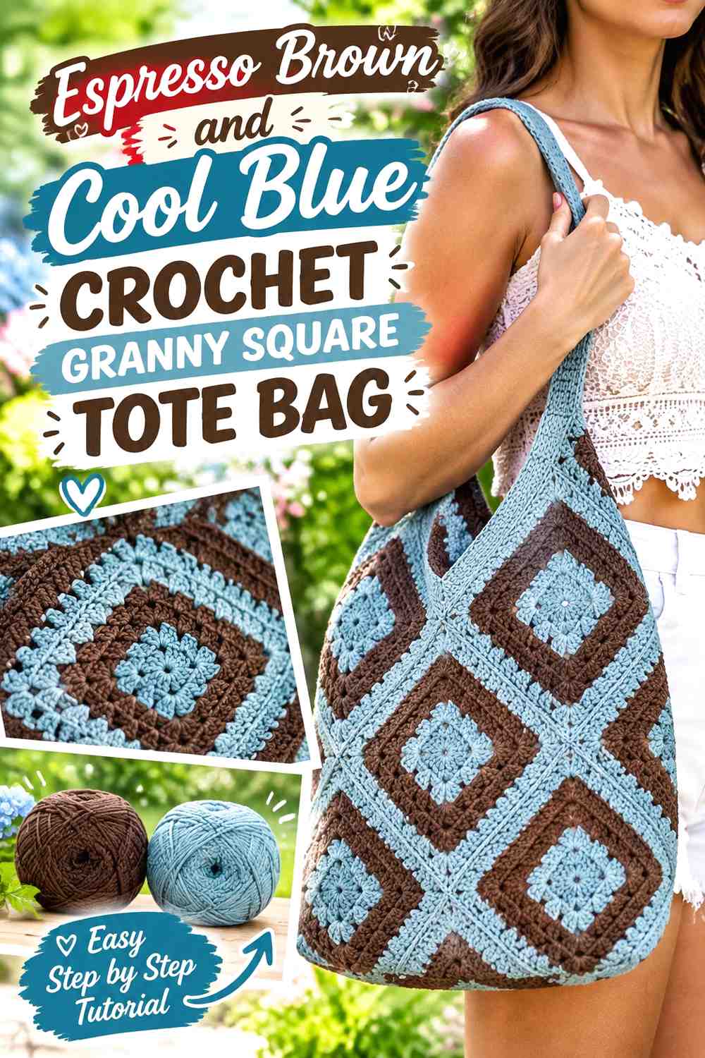 3. Espresso Brown And Cool Blue Crochet Granny Square Tote