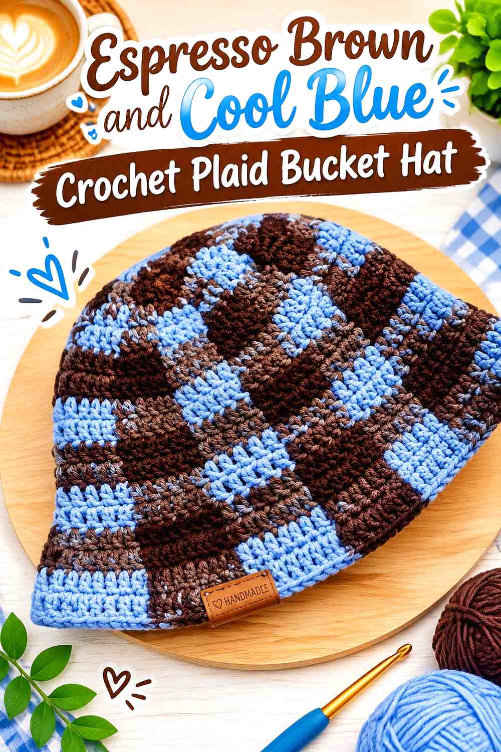 8. Espresso Brown And Cool Blue Crochet Plaid Bucket Hat