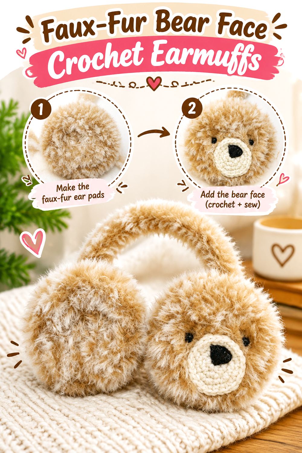 Faux Fur Bear Face Crochet Earmuffs