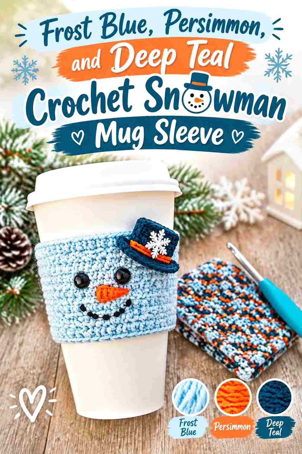7. Frost Blue Persimmon And Deep Teal Crochet Snowman Mug Sleeve