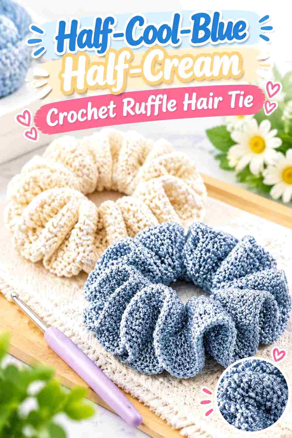 8. Half Cool Blue Half Cream Crochet Ruffle Hair Tie