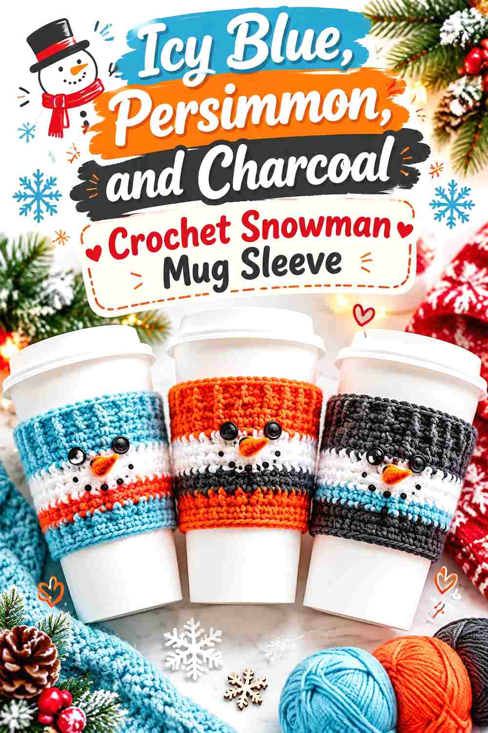 2. Icy Blue Persimmon And Charcoal Crochet Snowman Mug Sleeve