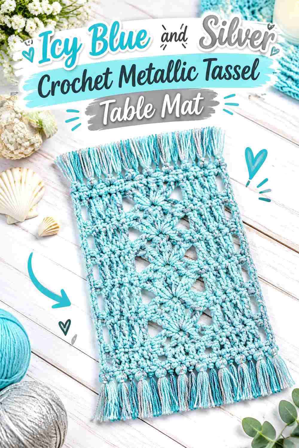 7. Icy Blue And Silver Crochet Metallic Tassel Table Mat