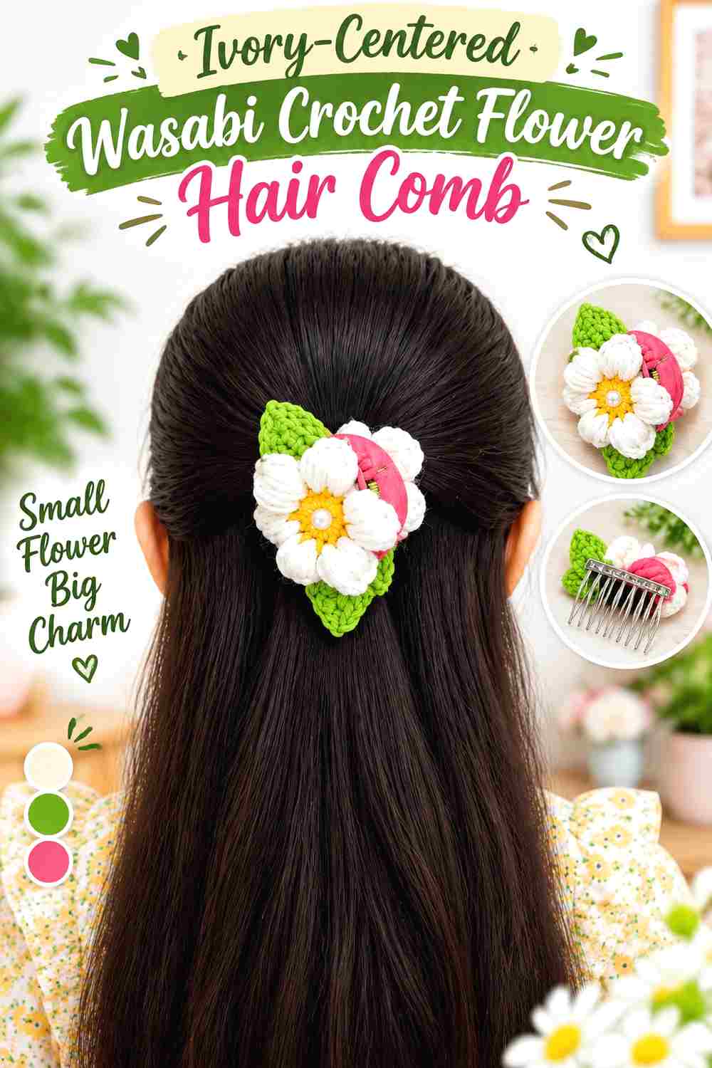 12. Ivory Centered Wasabi Crochet Flower Hair Comb