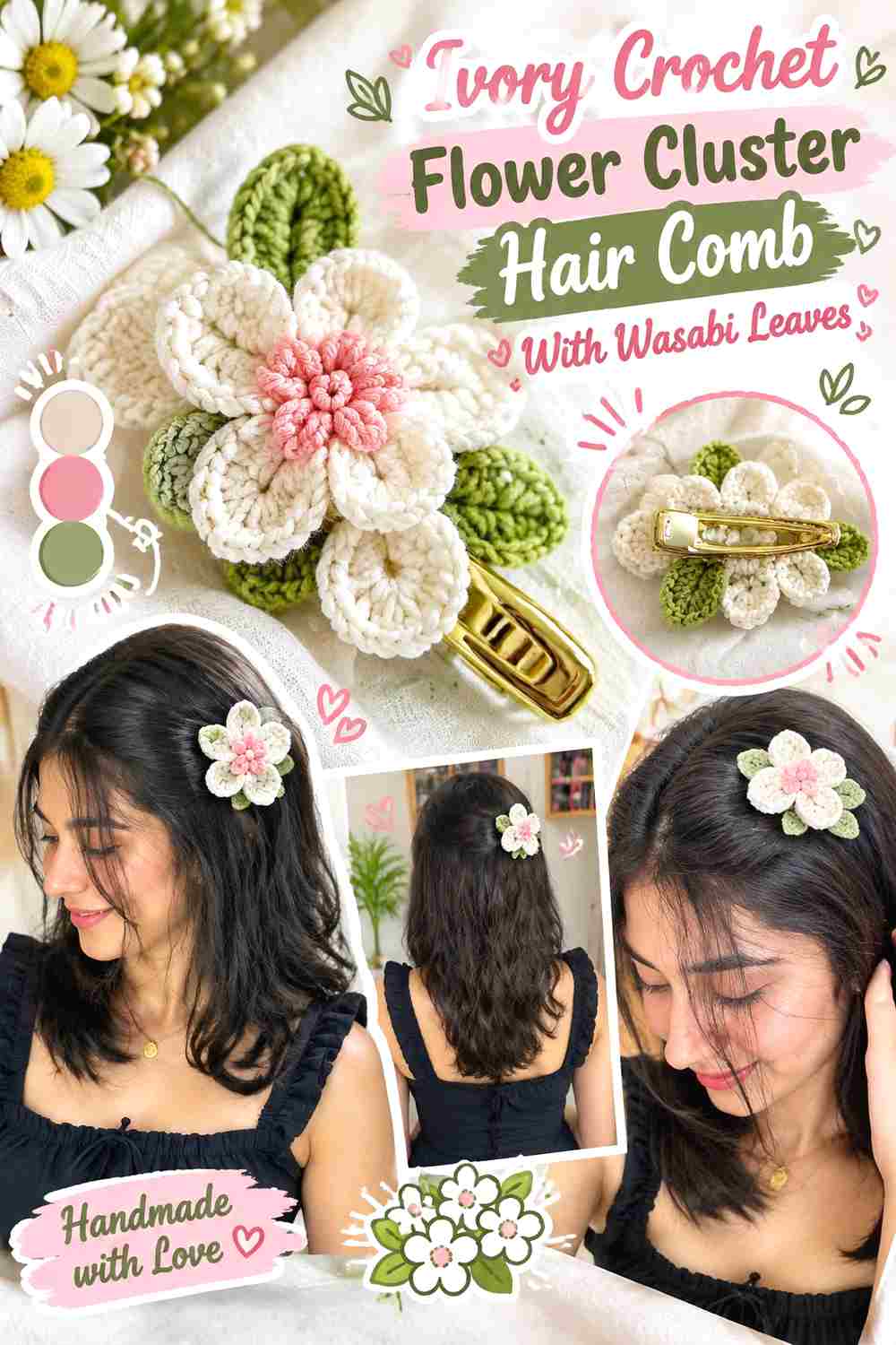 9. Ivory Crochet Flower Cluster Hair Comb With Wasabi Leaves