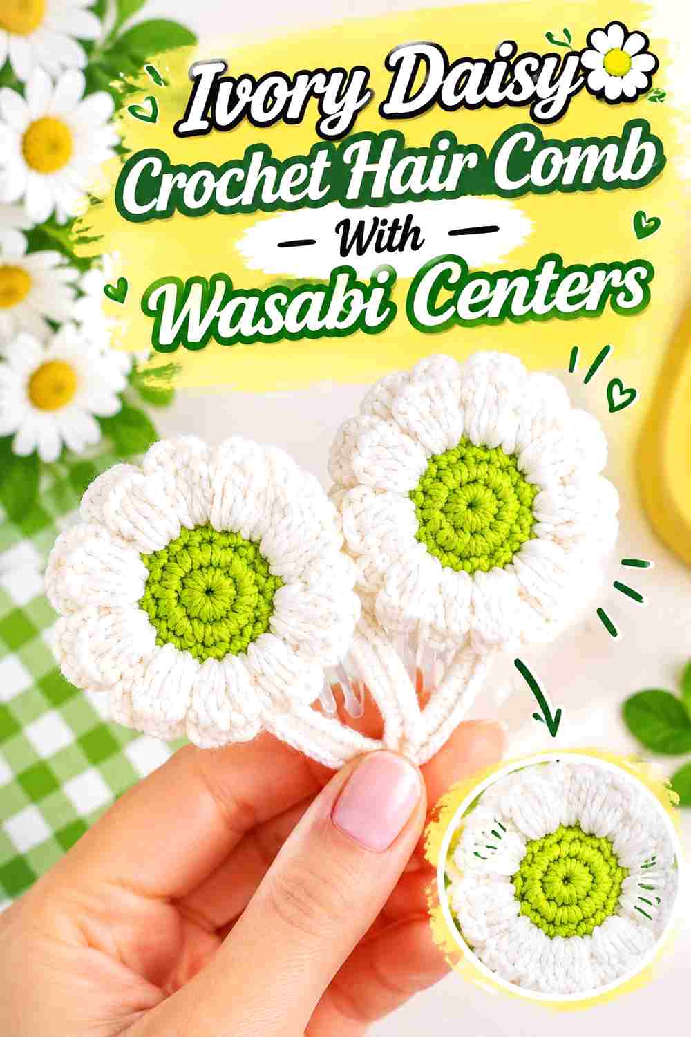 3. Ivory Daisy Crochet Hair Comb With Wasabi Centers