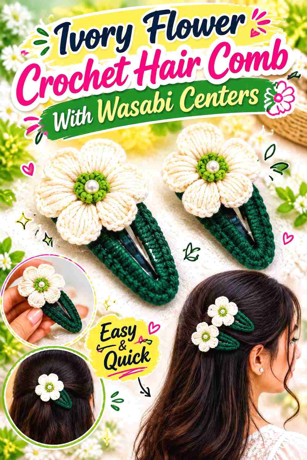 1. Ivory Flower Crochet Hair Comb With Wasabi Centers