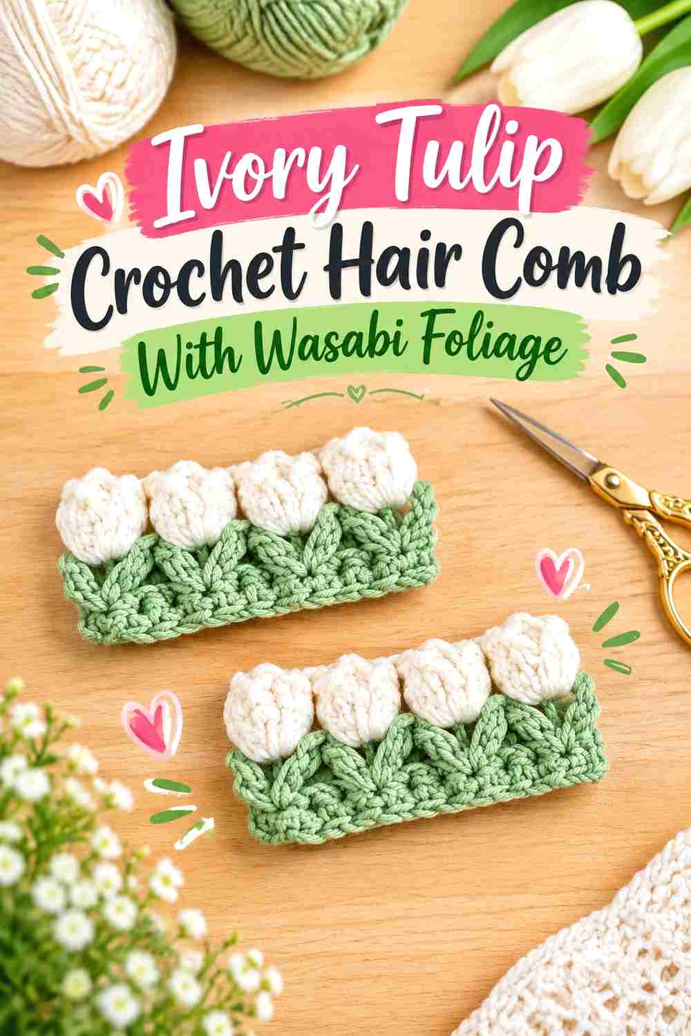 7. Ivory Tulip Crochet Hair Comb With Wasabi Foliage