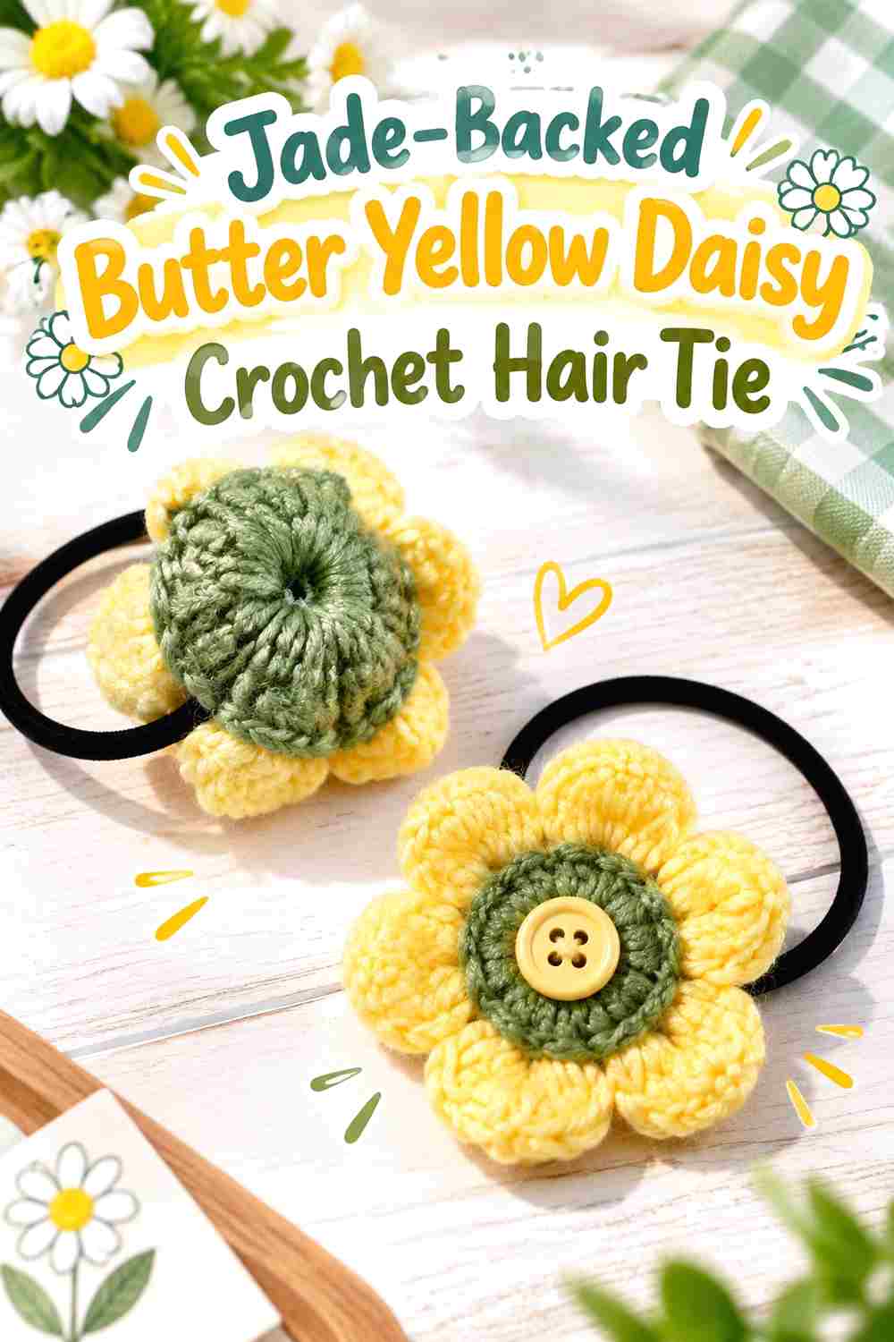 4. Jade Backed Butter Yellow Daisy Crochet Hair Tie