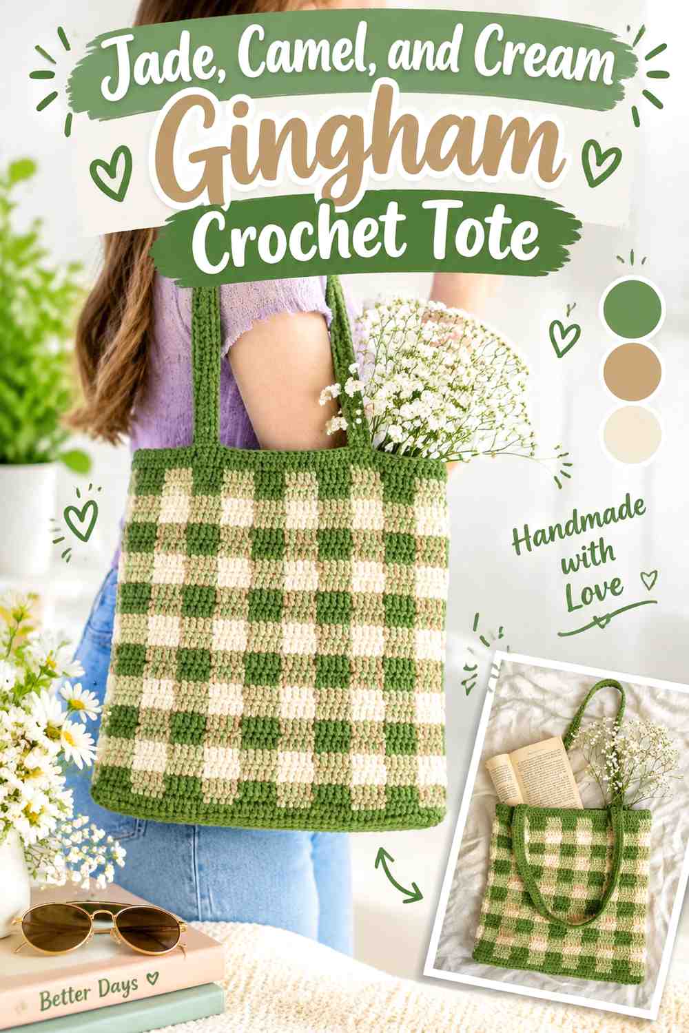 7. Jade Camel And Cream Gingham Crochet Tote