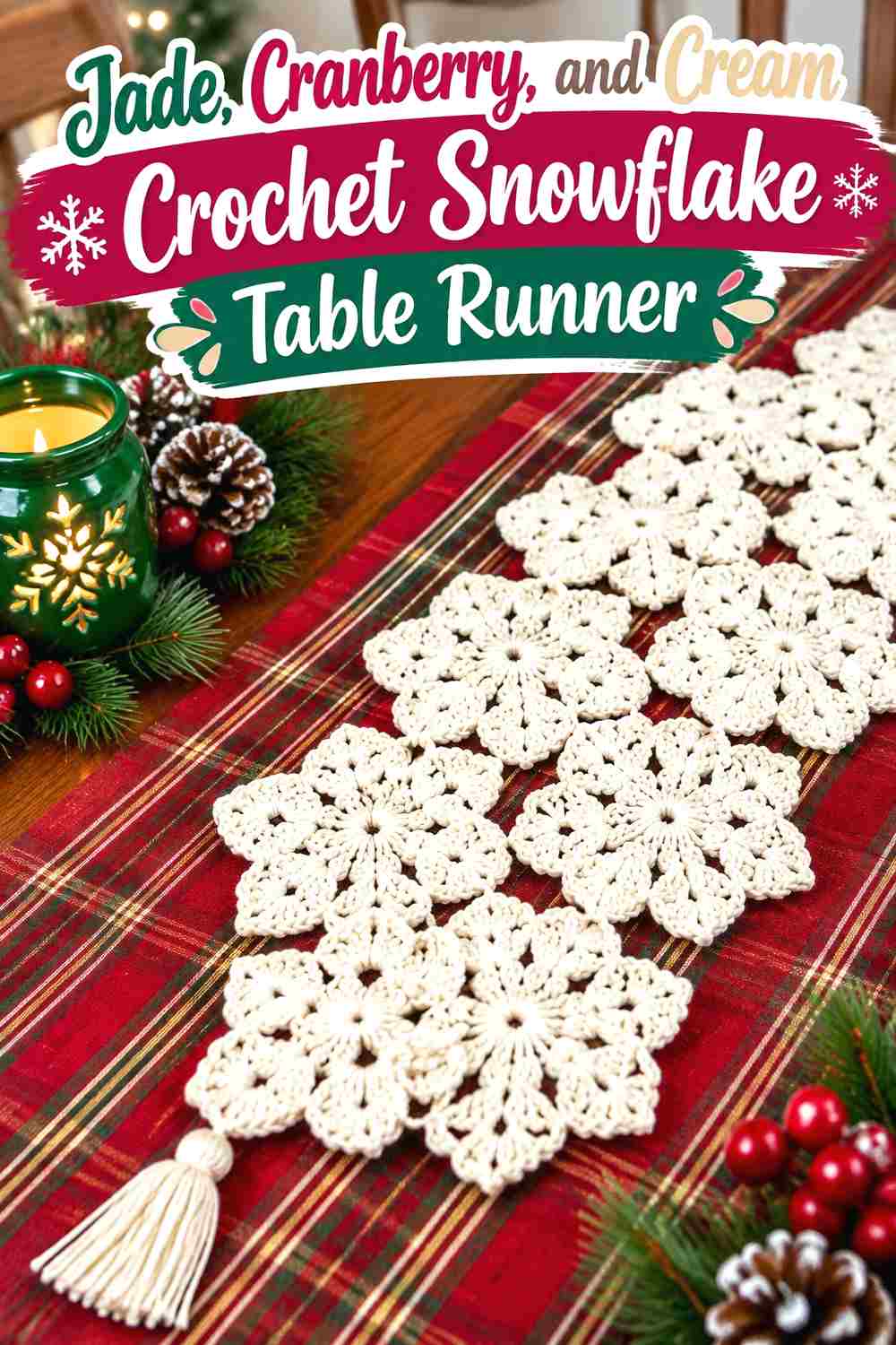 3. Jade Cranberry And Cream Crochet Snowflake Table Runner
