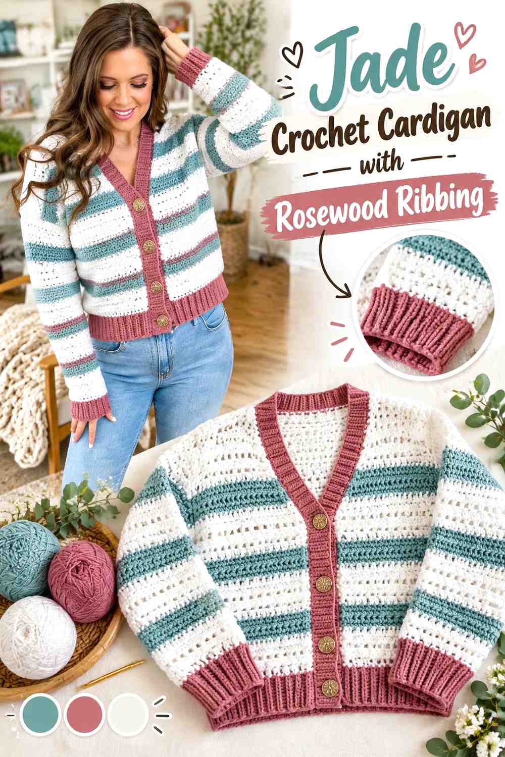 2. Jade Crochet Cardigan With Rosewood Ribbing