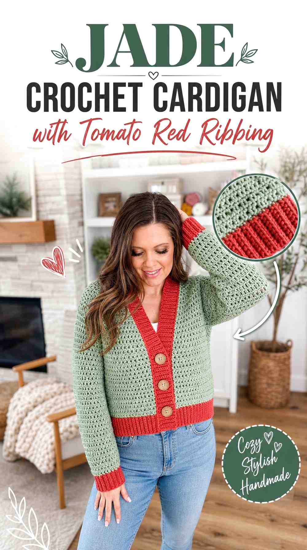 2. Jade Crochet Cardigan With Tomato Red Ribbing