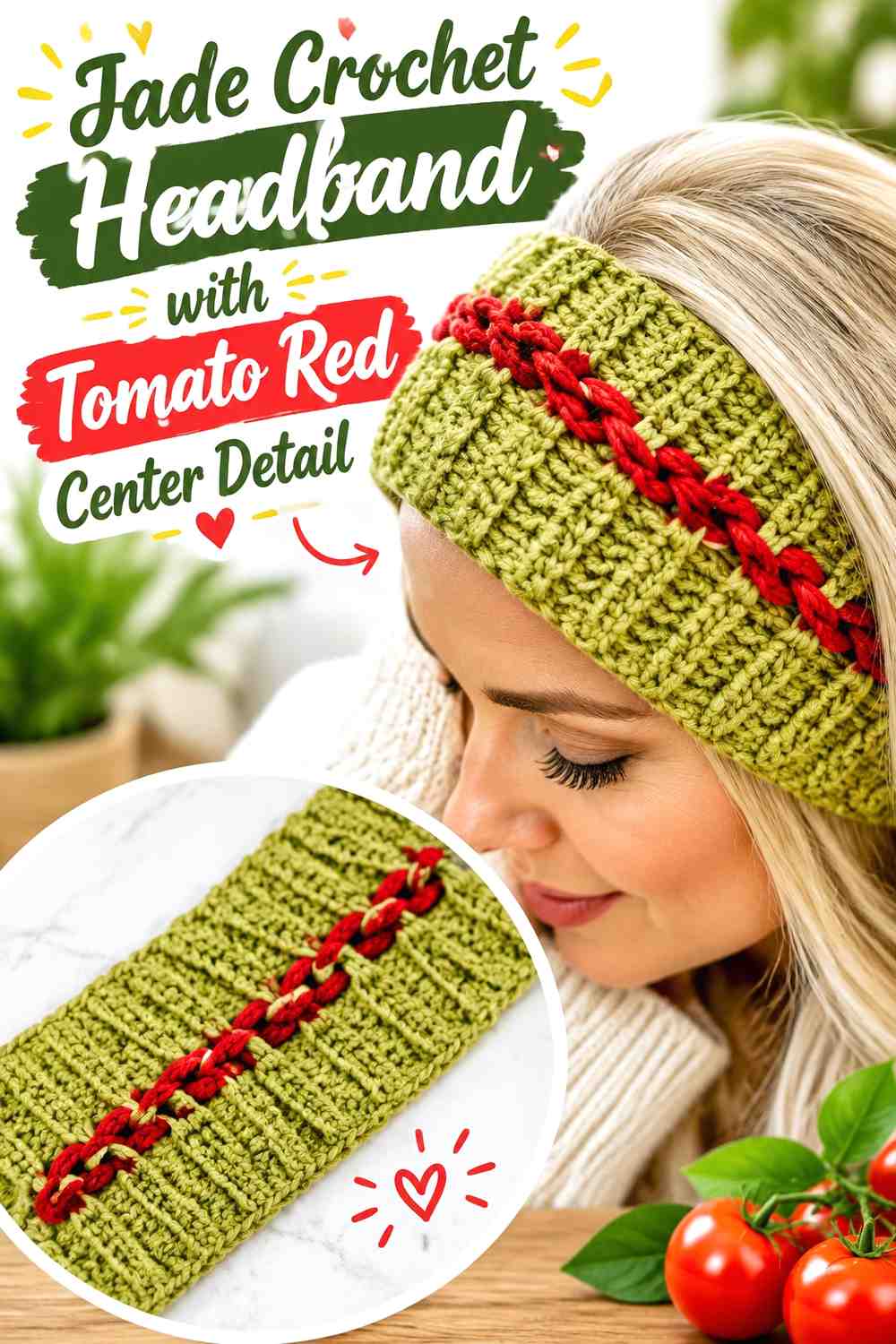 13. Jade Crochet Headband With Tomato Red Center Detail