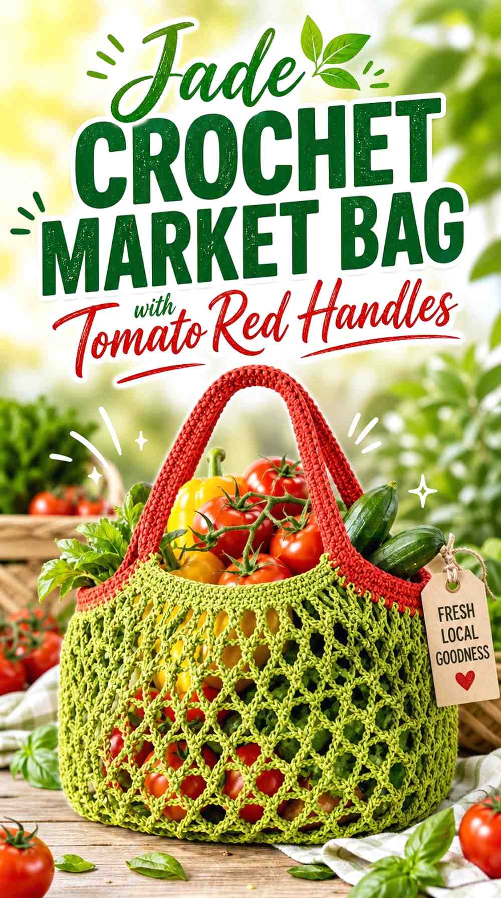 10. Jade Crochet Market Bag With Tomato Red Handles