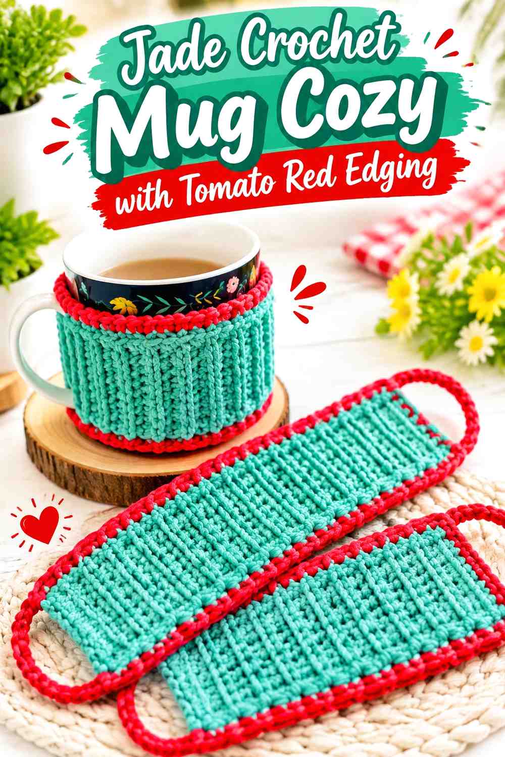 17. Jade Crochet Mug Cozy With Tomato Red Edging