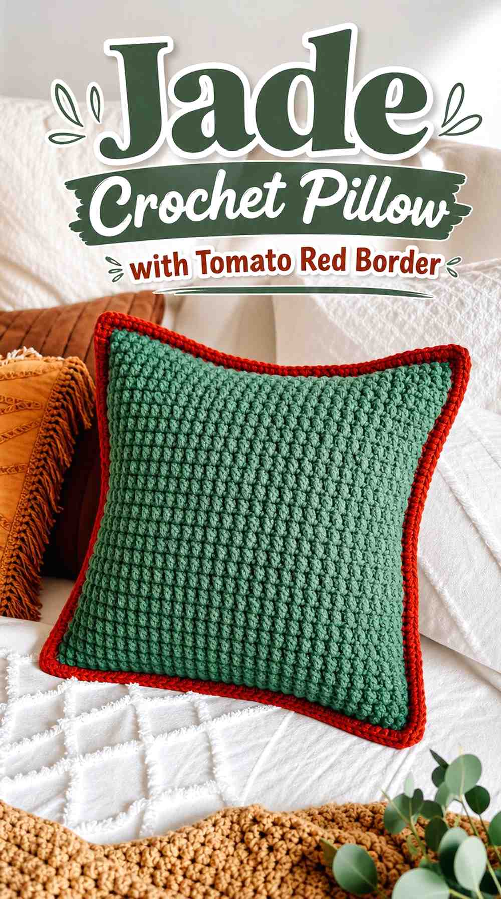 7. Jade Crochet Pillow With Tomato Red Border