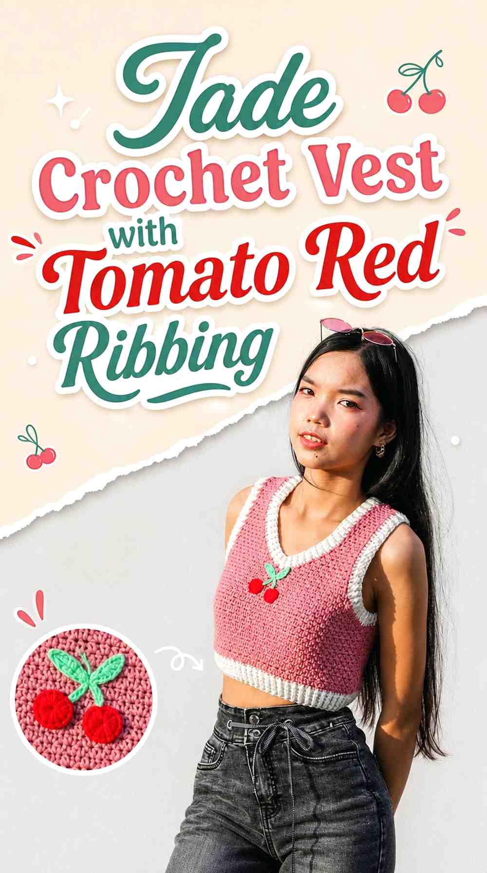 8. Jade Crochet Vest With Tomato Red Ribbing