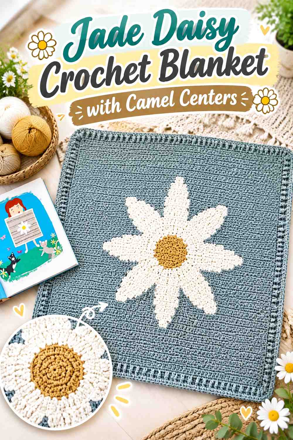 4. Jade Daisy Crochet Blanket With Camel Centers