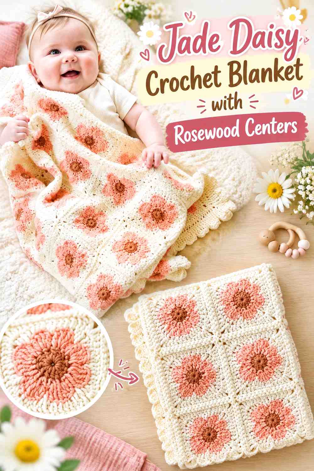 4. Jade Daisy Crochet Blanket With Rosewood Centers