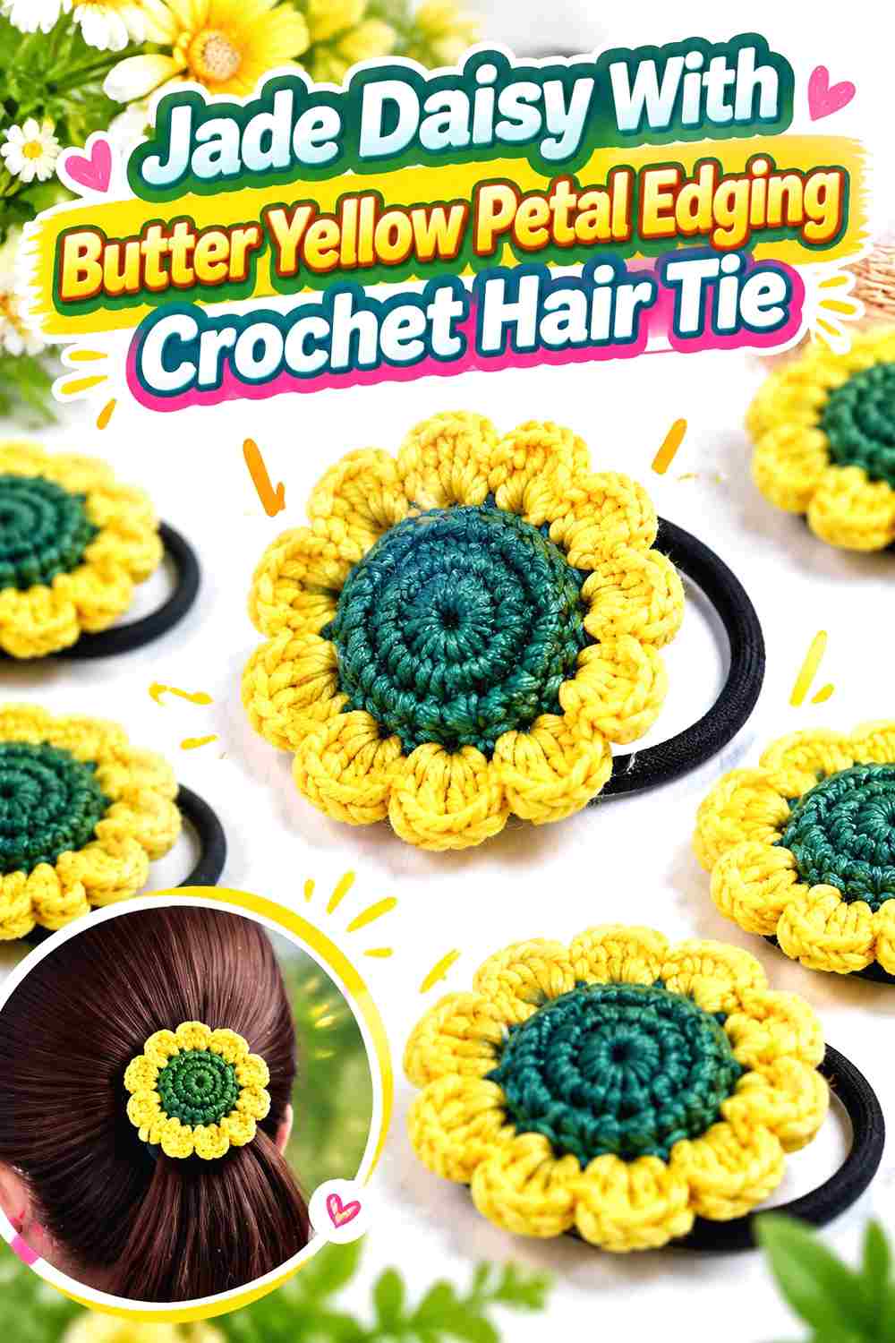 7. Jade Daisy With Butter Yellow Petal Edging Crochet Hair Tie