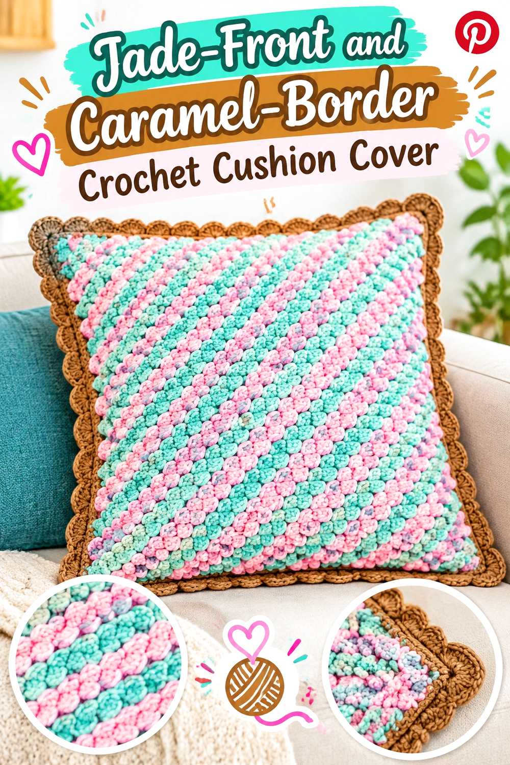13. Jade Front And Caramel Border Crochet Cushion Cover