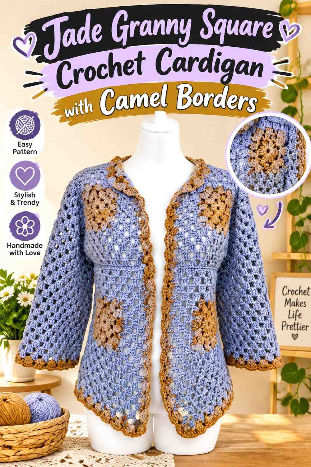 13. Jade Granny Square Crochet Cardigan With Camel Borders
