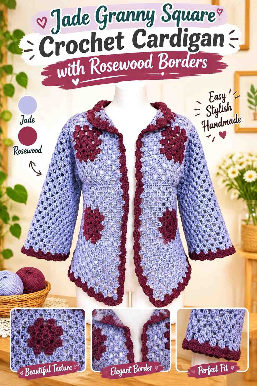 10. Jade Granny Square Crochet Cardigan With Rosewood Borders
