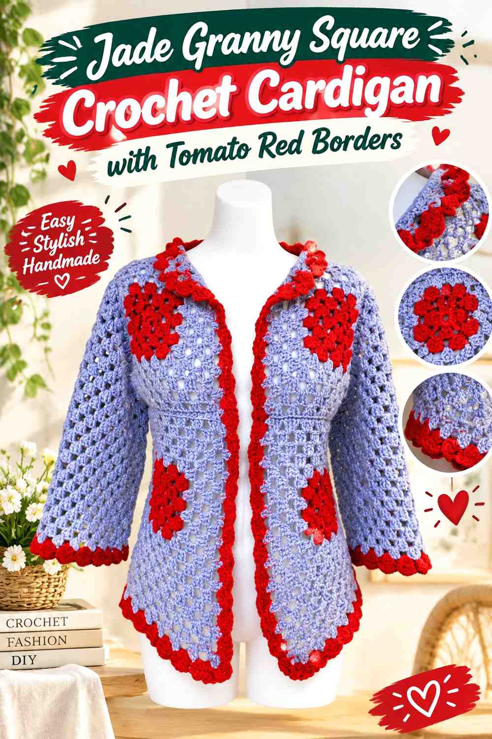 14. Jade Granny Square Crochet Cardigan With Tomato Red Borders