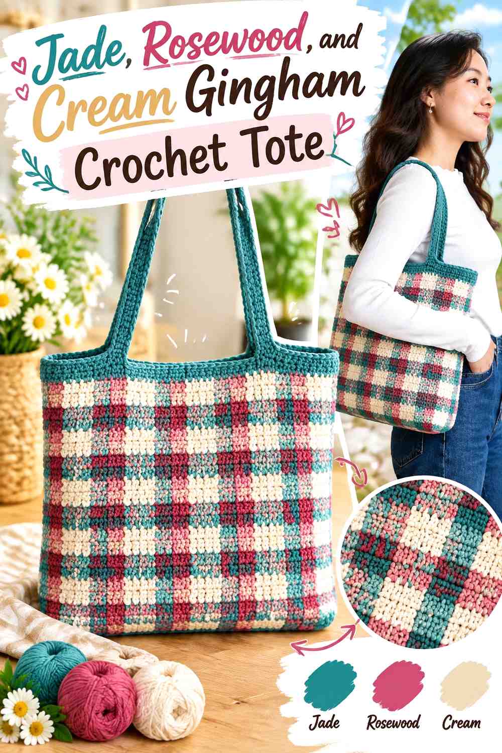 6. Jade Rosewood And Cream Gingham Crochet Tote