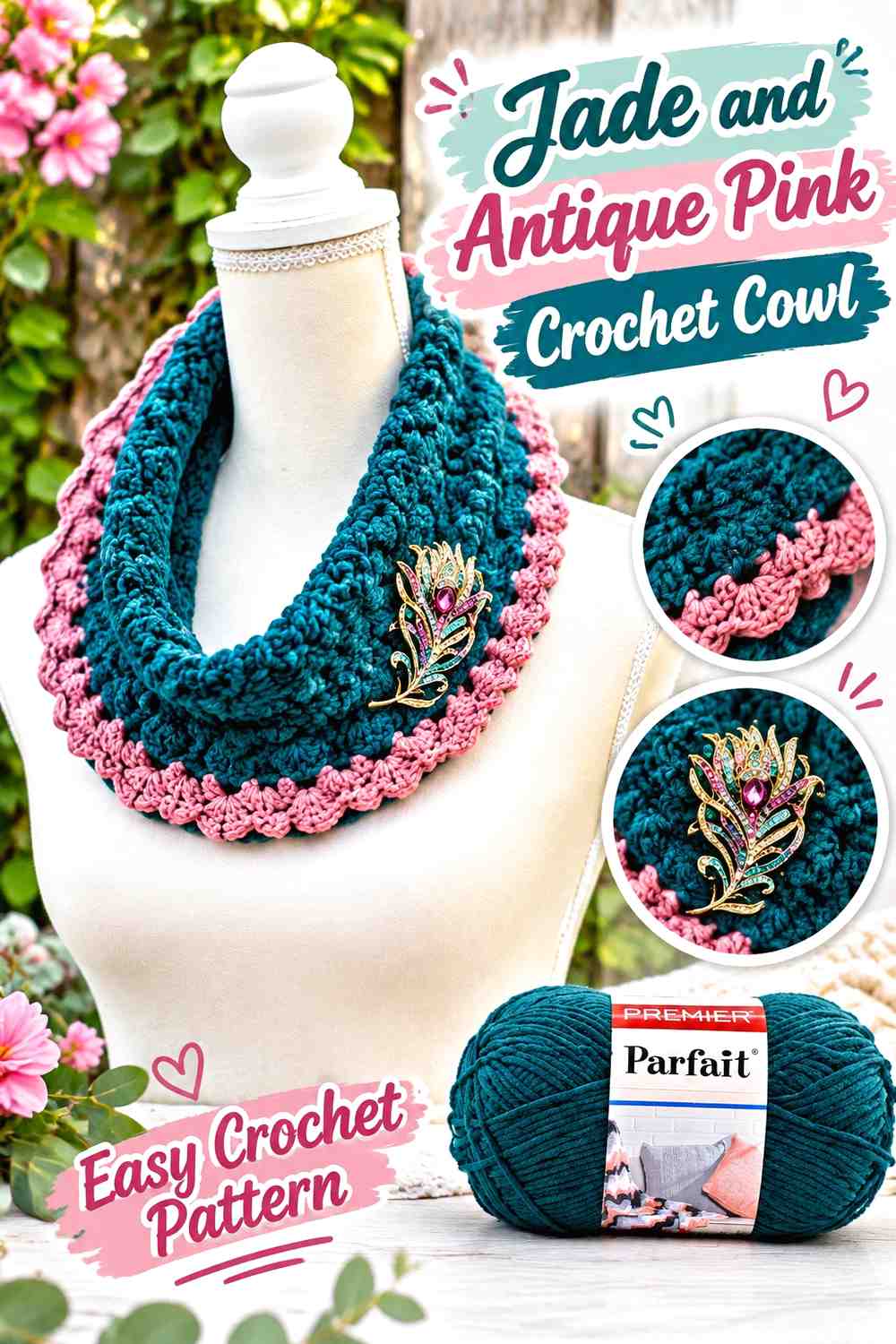 14. Jade And Antique Pink Crochet Cowl