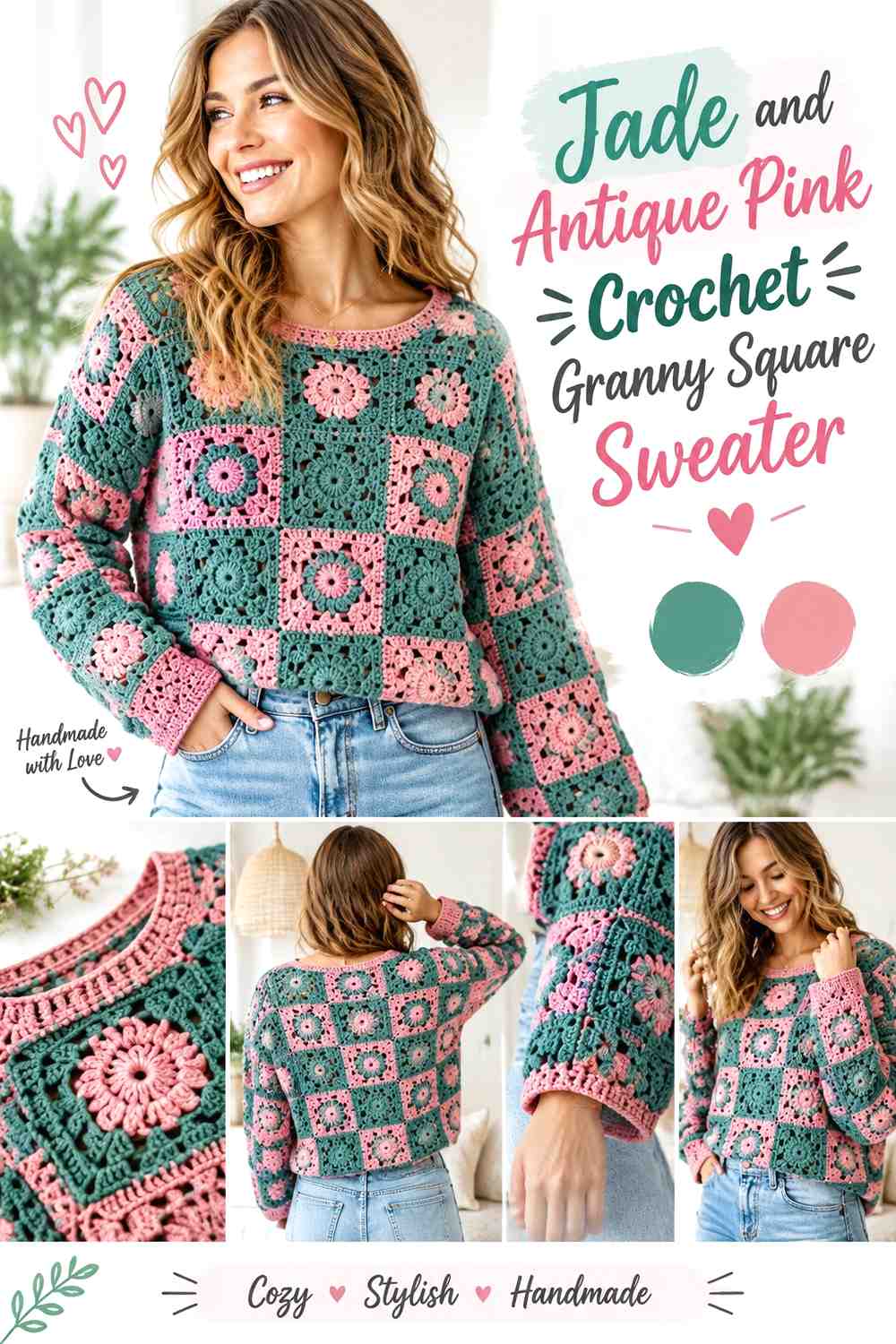 13. Jade And Antique Pink Crochet Granny Square Sweater