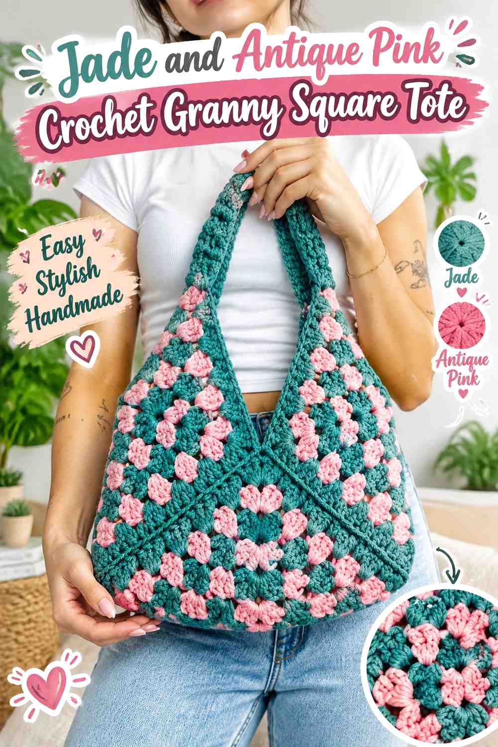 3. Jade And Antique Pink Crochet Granny Square Tote