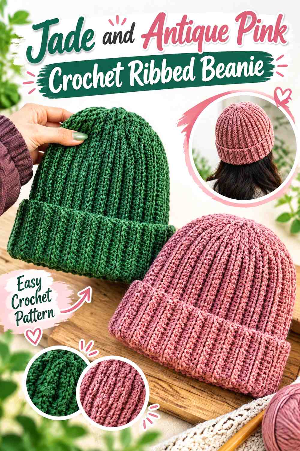 5. Jade And Antique Pink Crochet Ribbed Beanie