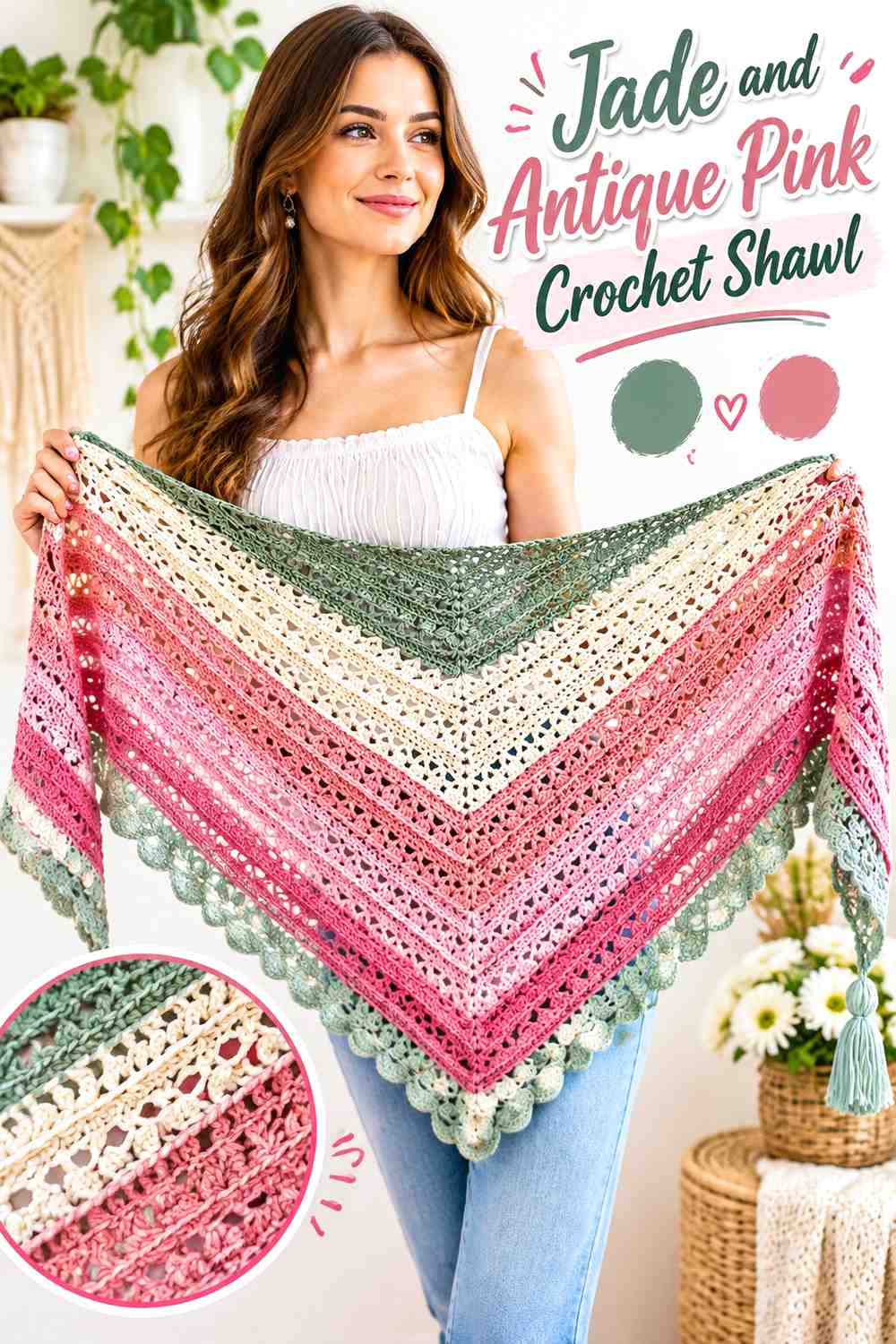 10. Jade And Antique Pink Crochet Shawl