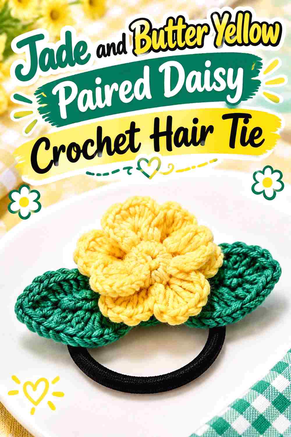11. Jade And Butter Yellow Paired Daisy Crochet Hair Tie