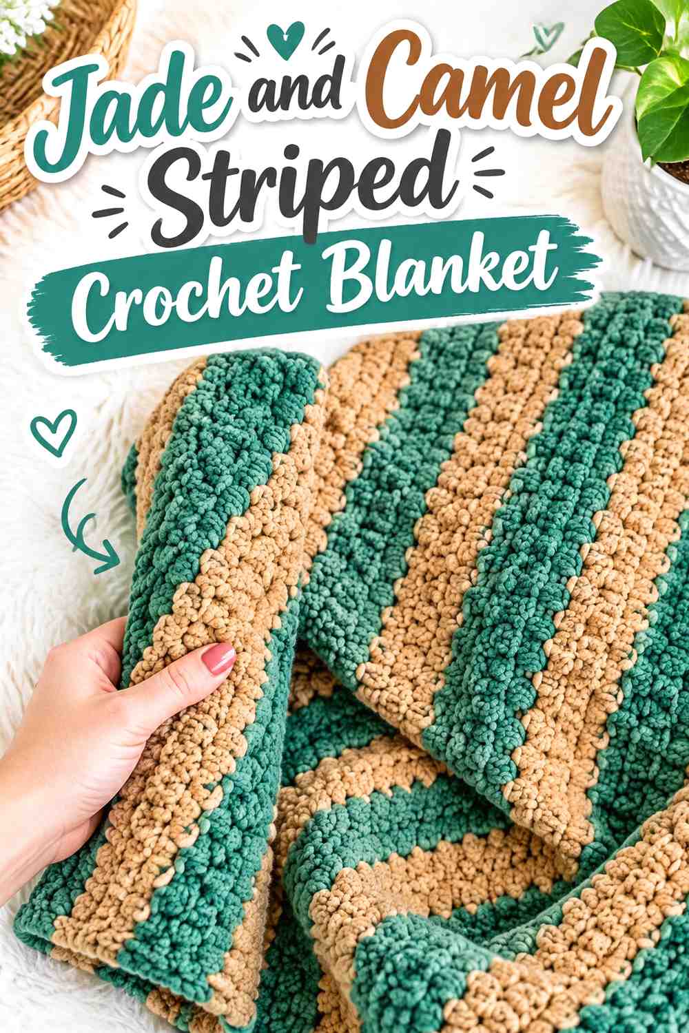 1. Jade And Camel Striped Crochet Blanket