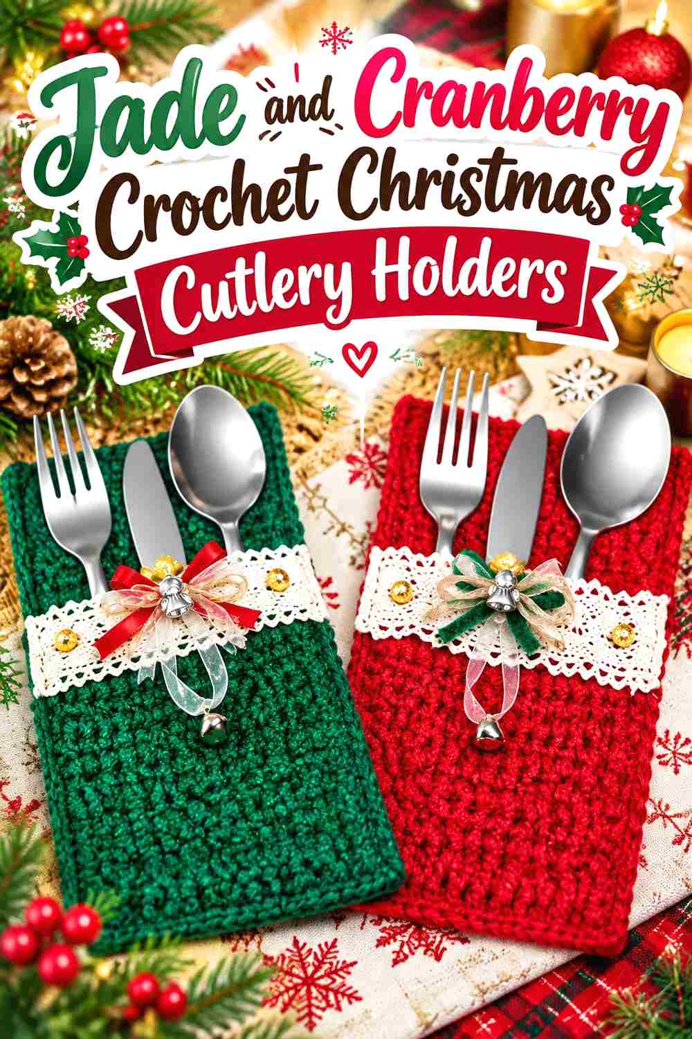5. Jade And Cranberry Crochet Christmas Cutlery Holders