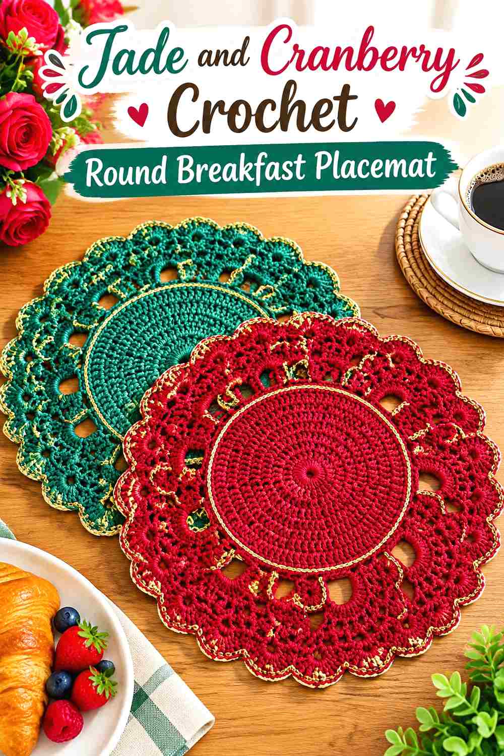1. Jade And Cranberry Crochet Round Breakfast Placemat