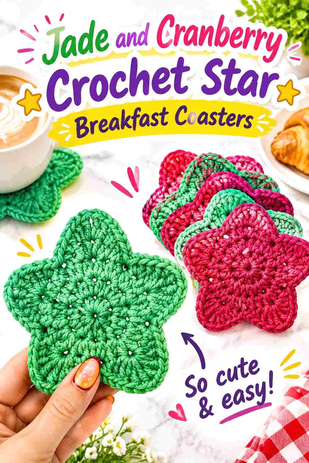 7. Jade And Cranberry Crochet Star Breakfast Coasters