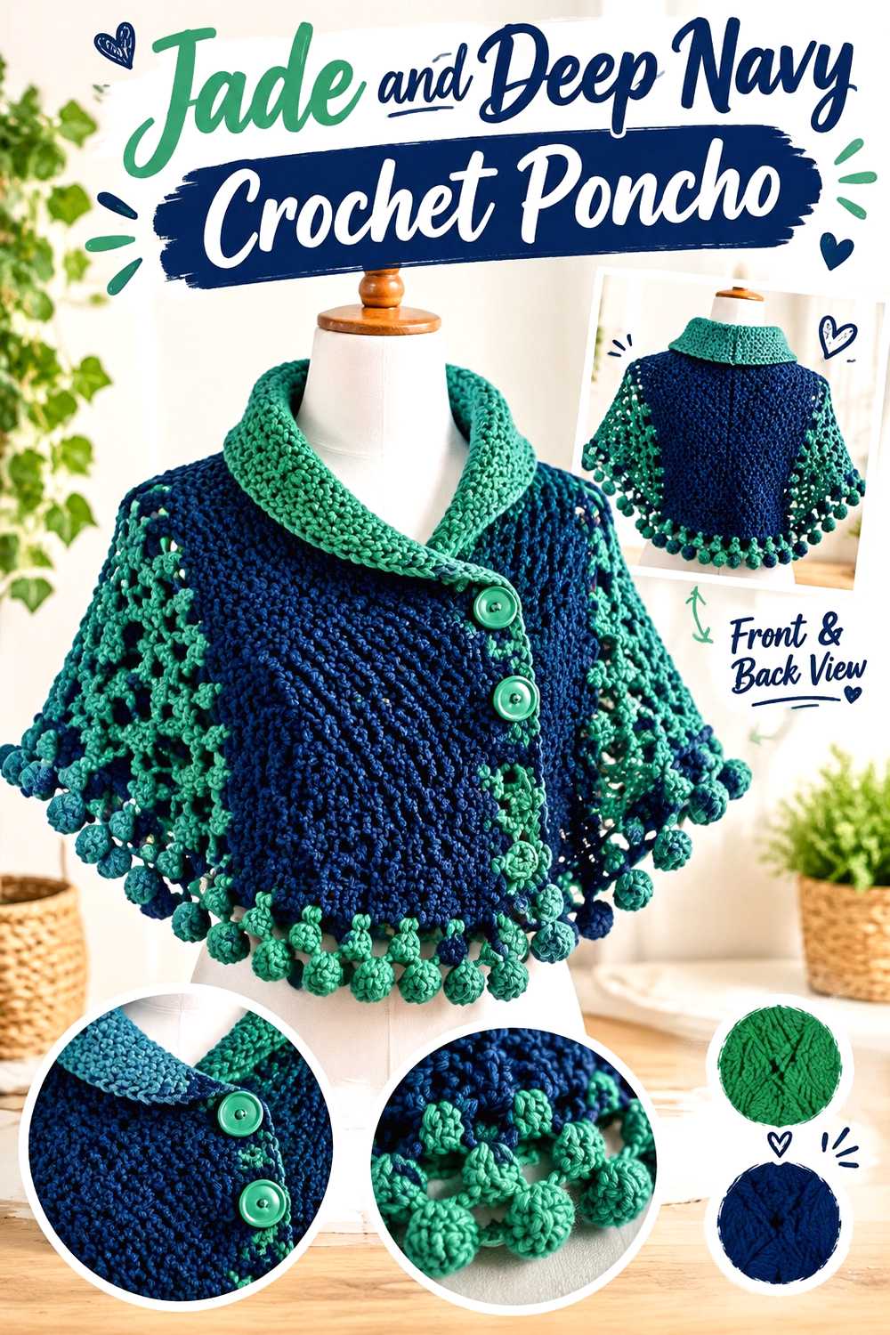 5. Jade And Deep Navy Crochet Poncho