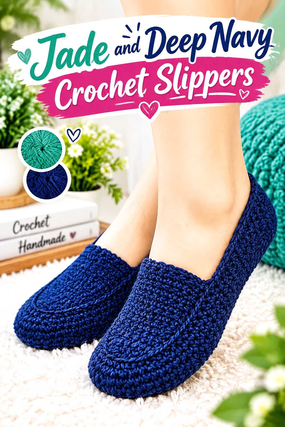 10. Jade And Deep Navy Crochet Slippers
