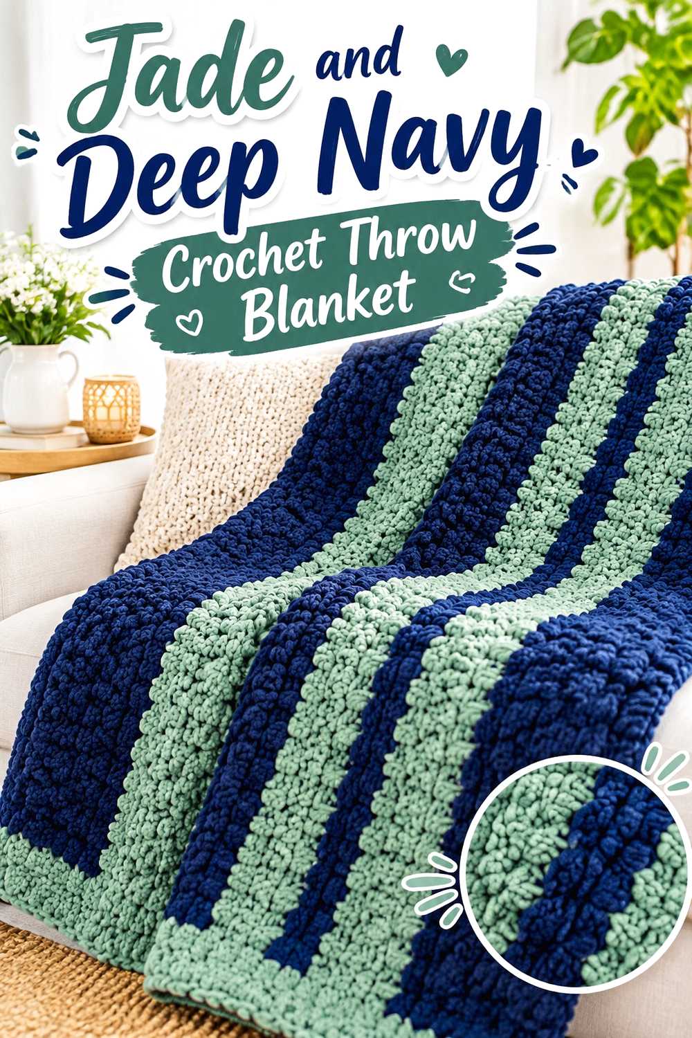 1. Jade And Deep Navy Crochet Throw Blanket