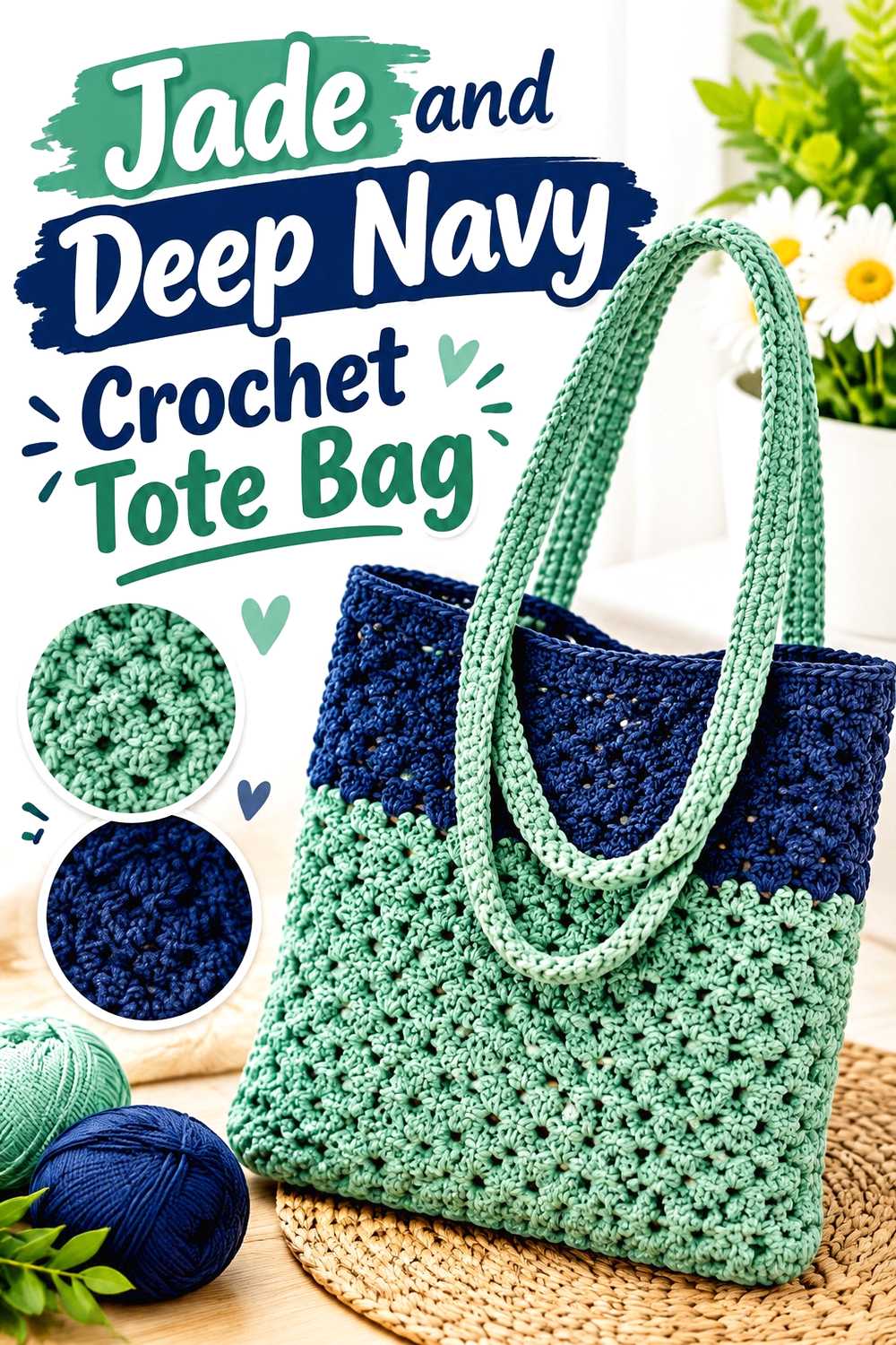 3. Jade And Deep Navy Crochet Tote Bag