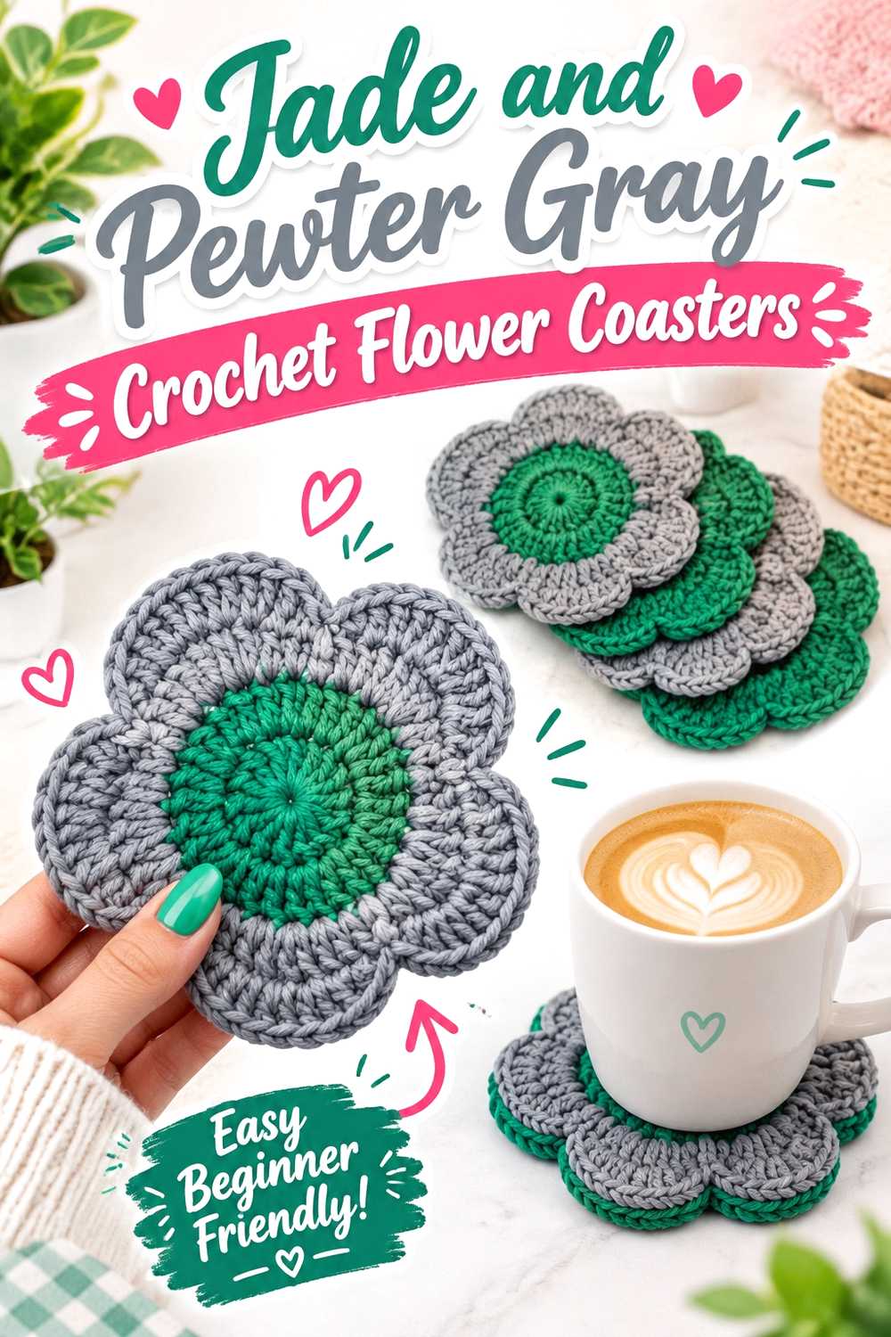 12. Jade And Pewter Gray Crochet Flower Coasters